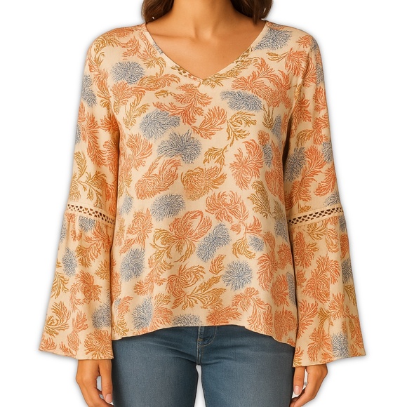 Bobeau Blouse Boho Floral Kimono Sleeve Pullover Top Beige Flowy Medium - Picture 9 of 9